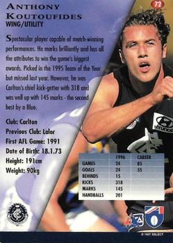 1997 Select AFL Ultimate Series #72 Anthony Koutoufides Back
